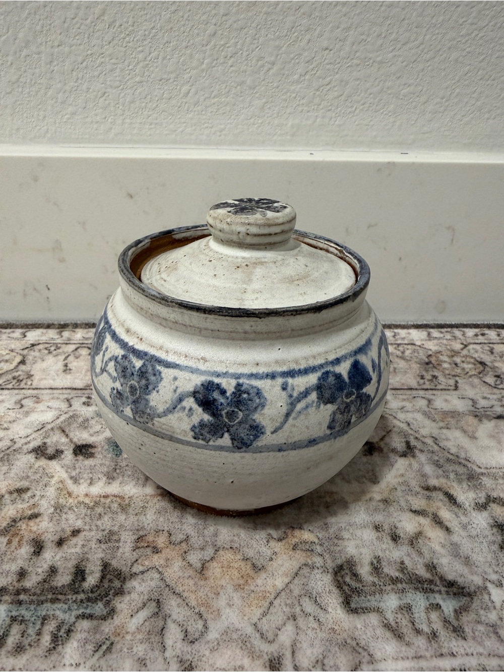 Vintage White and Blue Floral Ceramic Lidded Jar